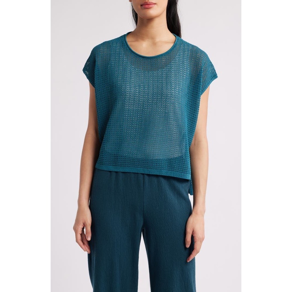 Eileen Fisher Open Stitch Organic‎ Cotton Sweater Harbor Teal Blue Medium NWT